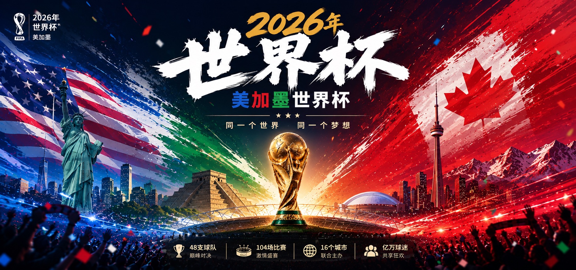 2026 美加墨世界杯官方主视觉:48支球队 · 104场比赛 · 16个城市 · 亿万球迷
